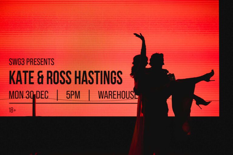 Silhouette Wedding Image of a couple in front of a bright red backdrop with wedding-themed text